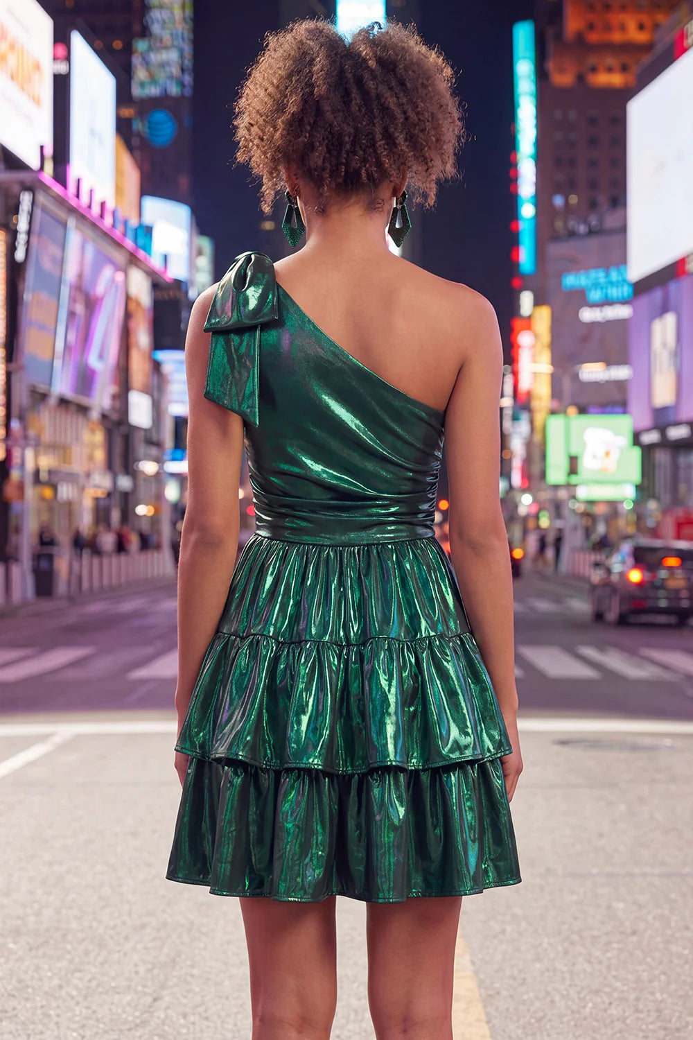 Green One Shoulder Metallic A Line Tiered Short Homecoming Dress