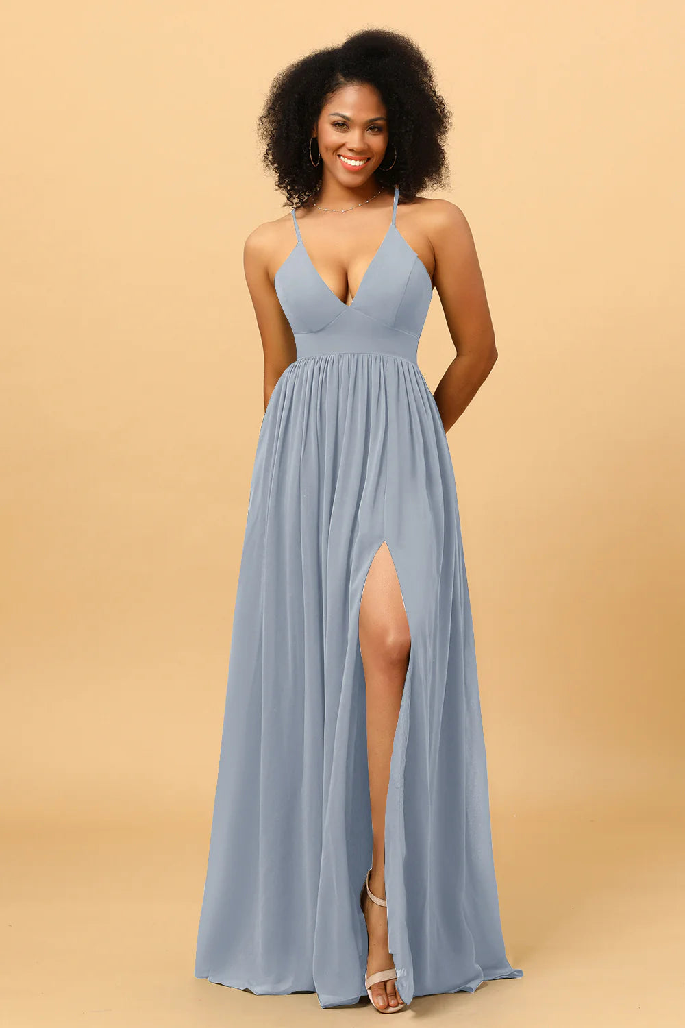 A Line V Neck Spaghetti Straps Chiffon Bridesmaid Dress with Slit
