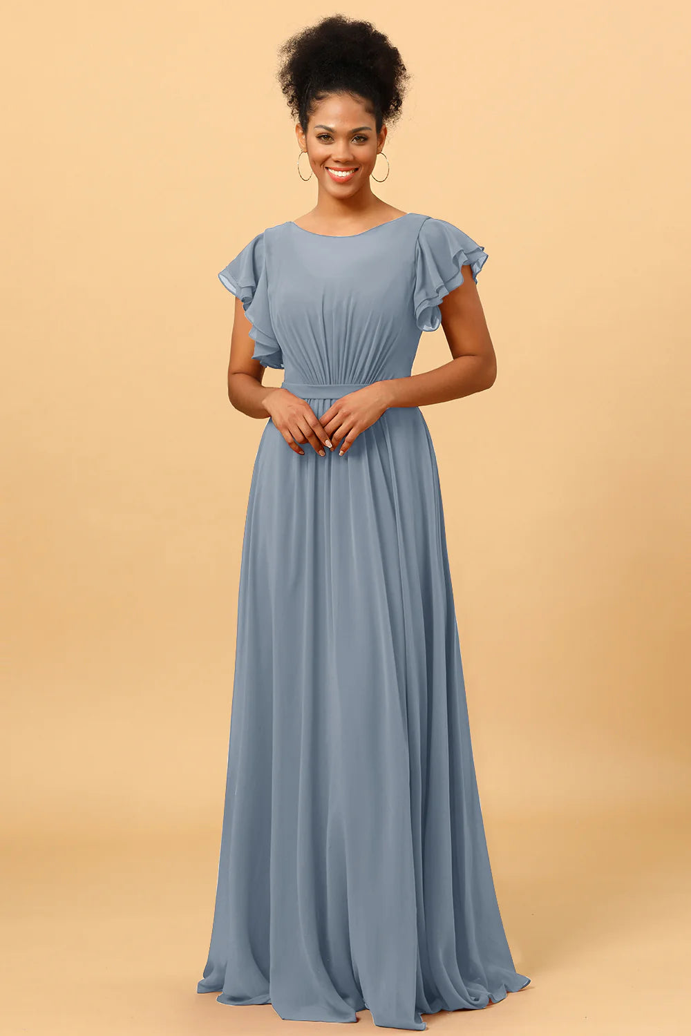 A Line Bateau Neck Ruched Long Chiffon Bridesmaid Dress with Ruffles