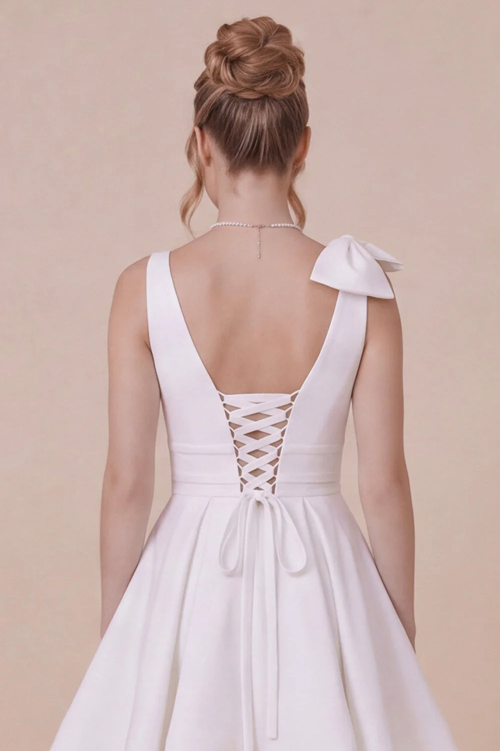White A Line V Neck Graduation Dress with Bow