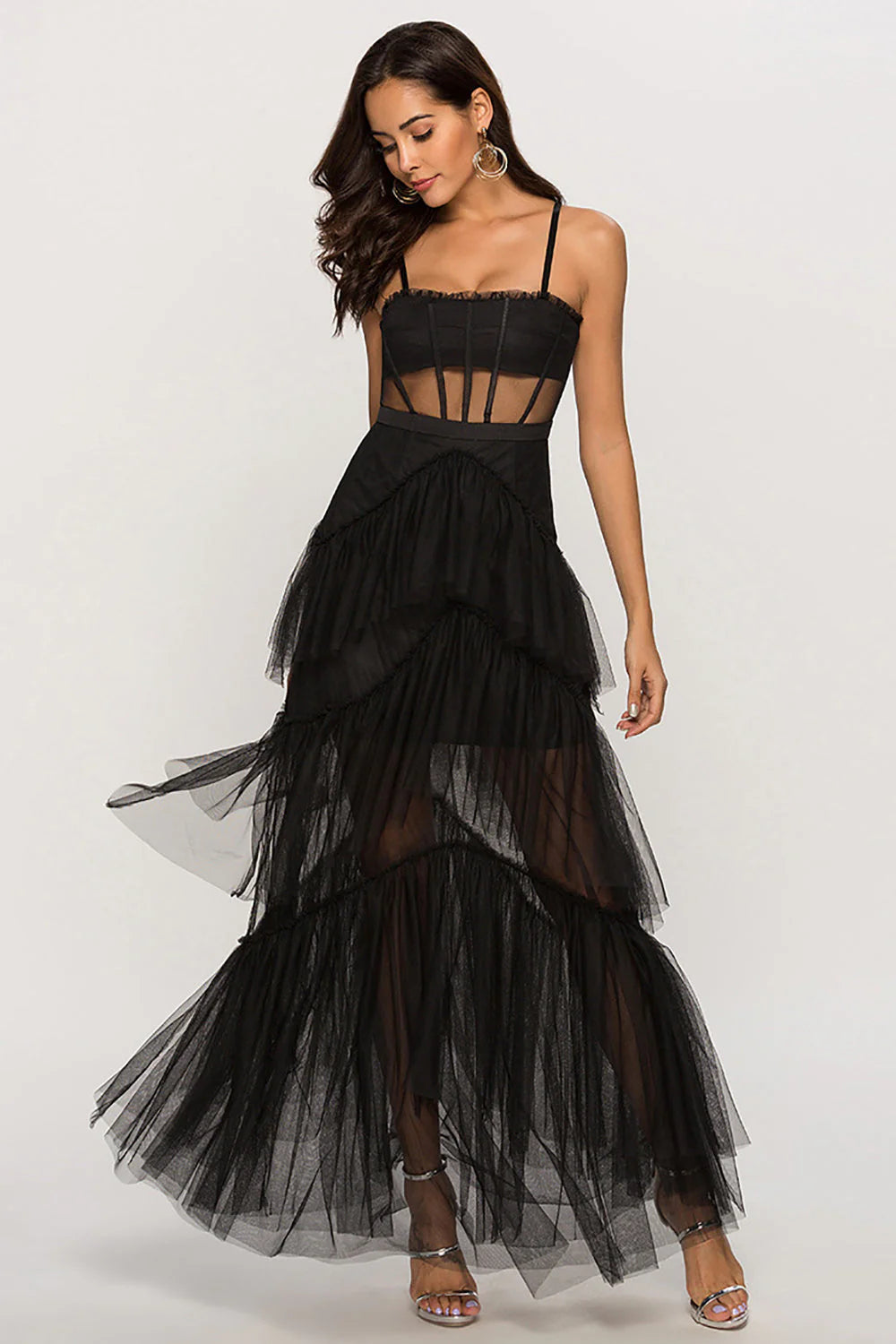 Black Corset Asymmetrical Tulle Maxi Dress