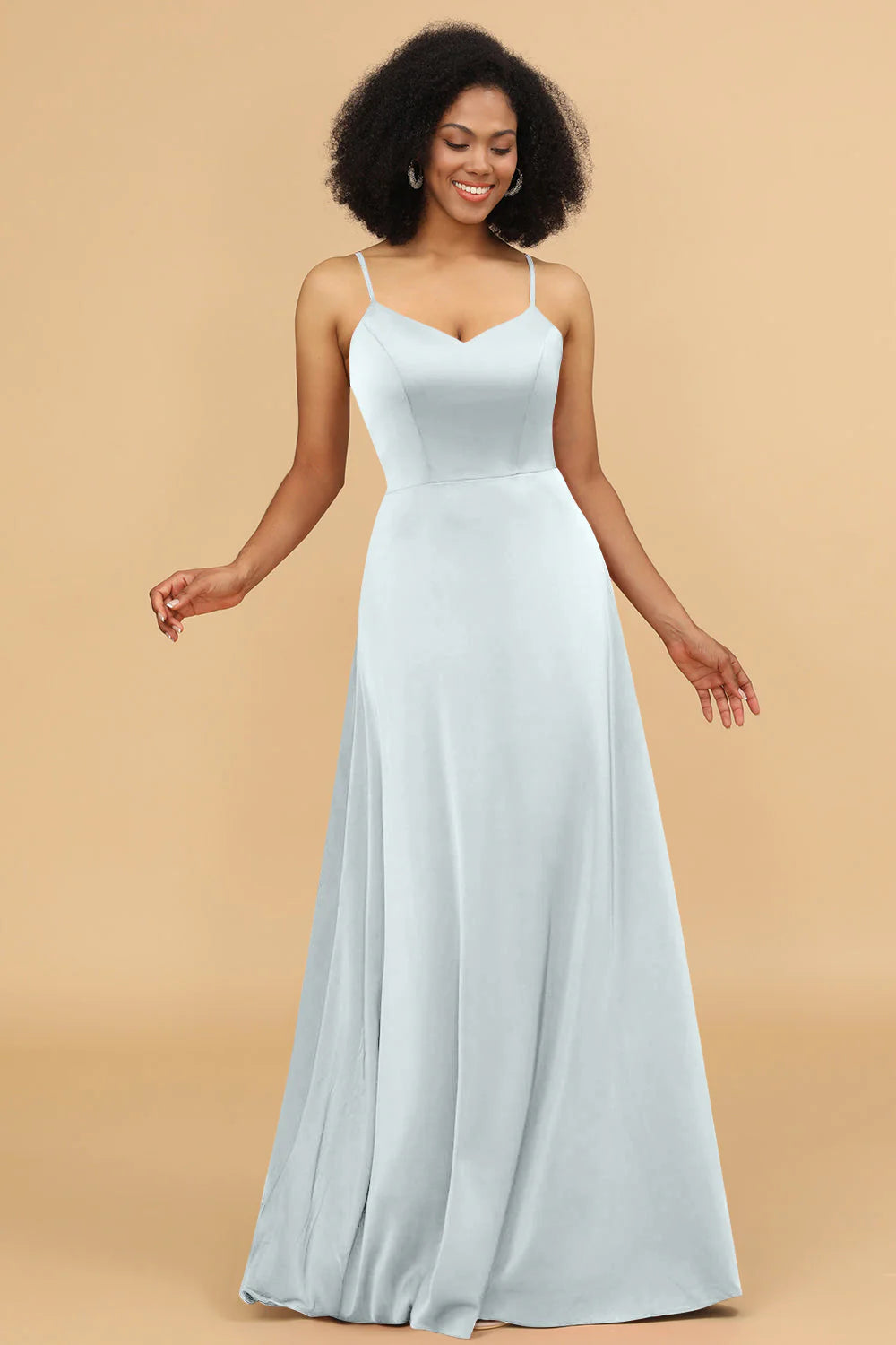 A Line Spaghetti Straps Floor Length Satin Bridesmaid Dress
