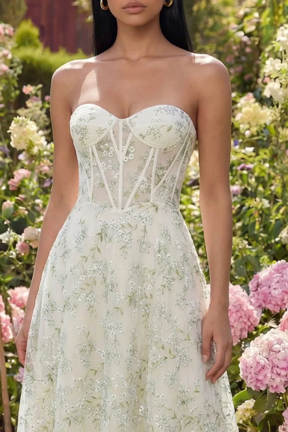 Strapless Light Green Floral Corset A Line Midi Wedding Guest Dress