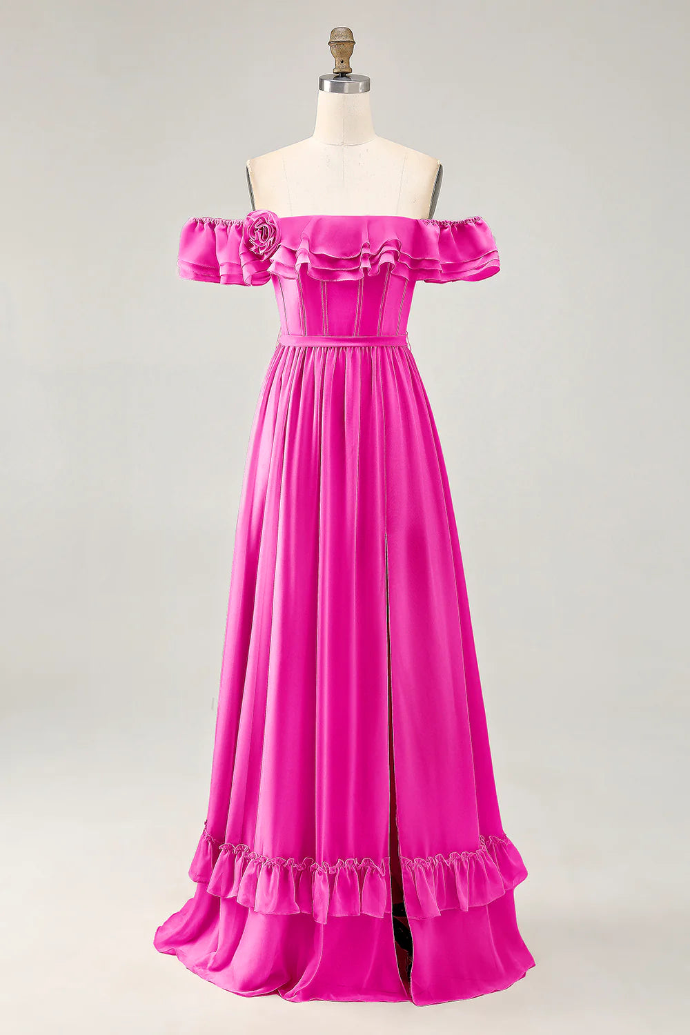 Dusty Sage A line Off The Shoulder Chiffon Long Bridesmaid Dress with Slit