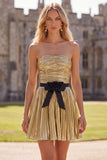 Metallic Golden Pleated A Line Strapless Homecoming Dress
