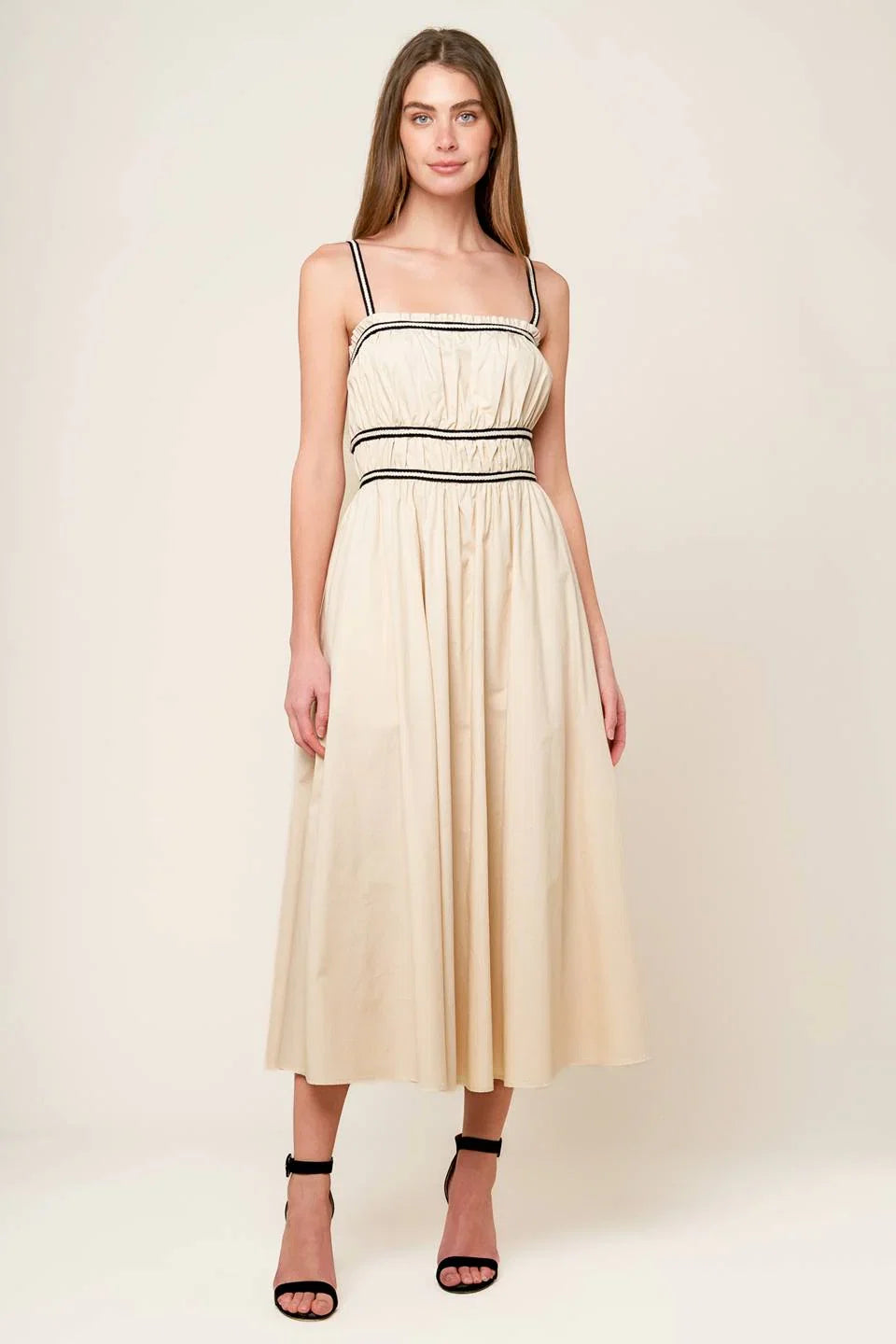 TERRIFIC TIMING BLACK TRIM IVORY MIDI DRESS