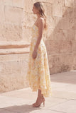 Floral Yellow Strapless High Low A Line Wedding Guest Dress