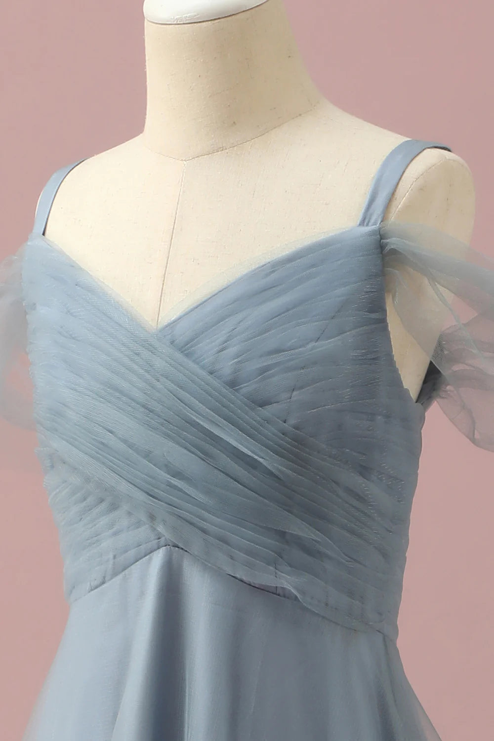 Grey Blue A Line Cold Shoulder Floor Length Tulle Junior Bridesmaid Dress