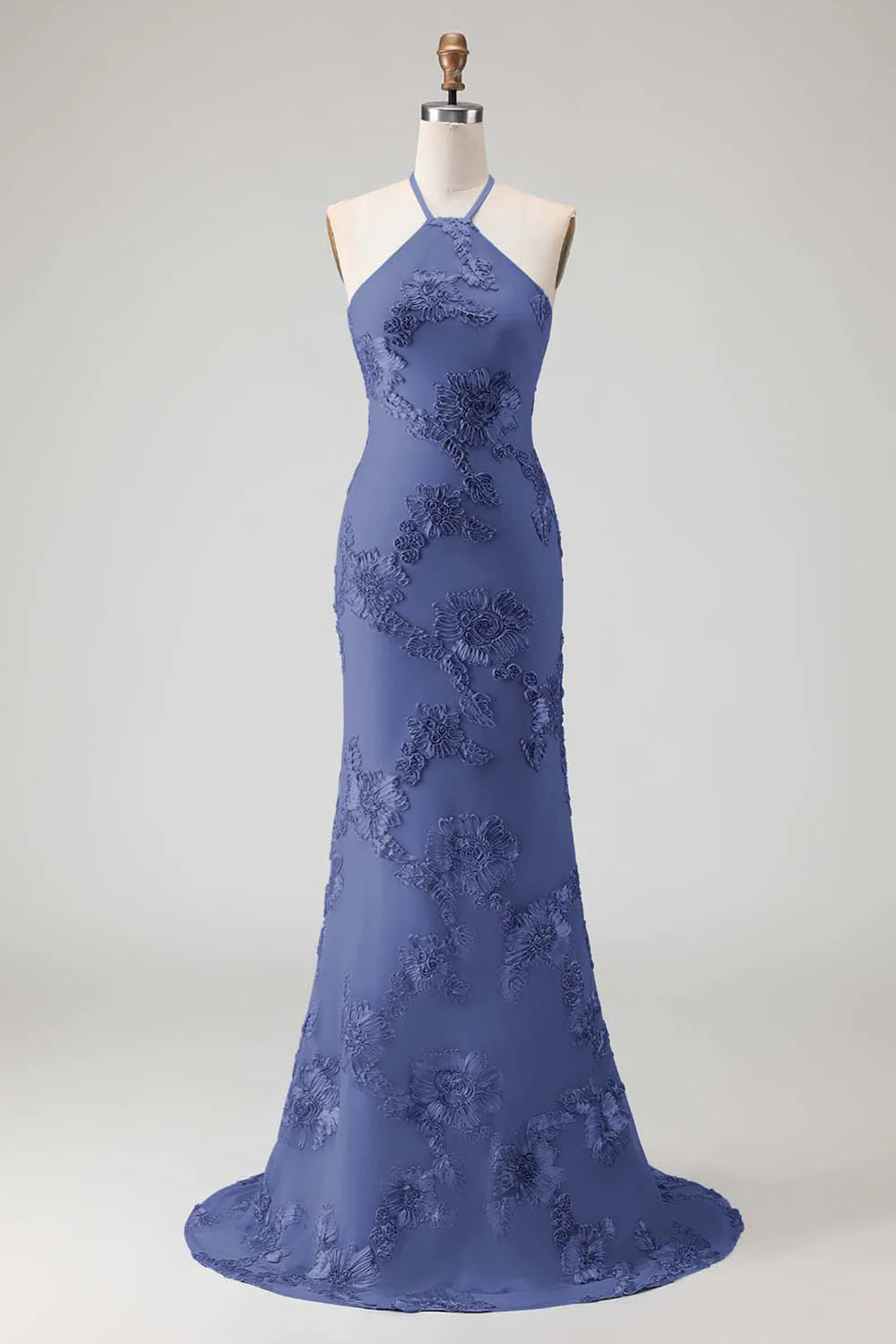Light Blue Halter Mermaid Open Back Long Prom Dress with Appliques