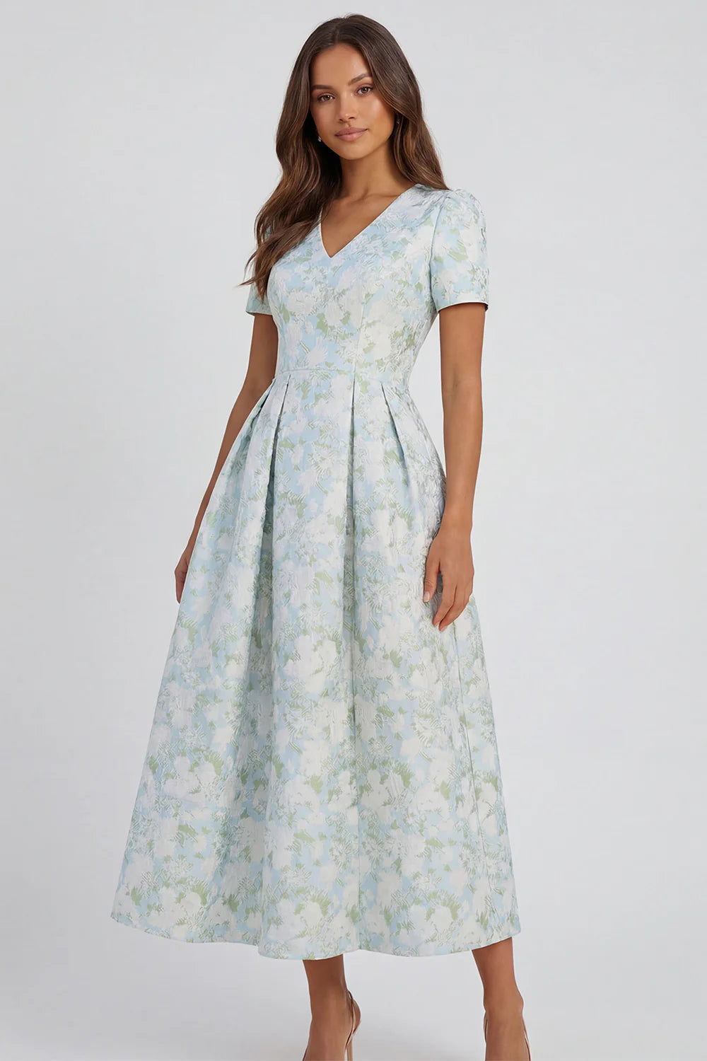Blue White Floral A Line V Neck Wedding Guest Dress with Short Sleeves