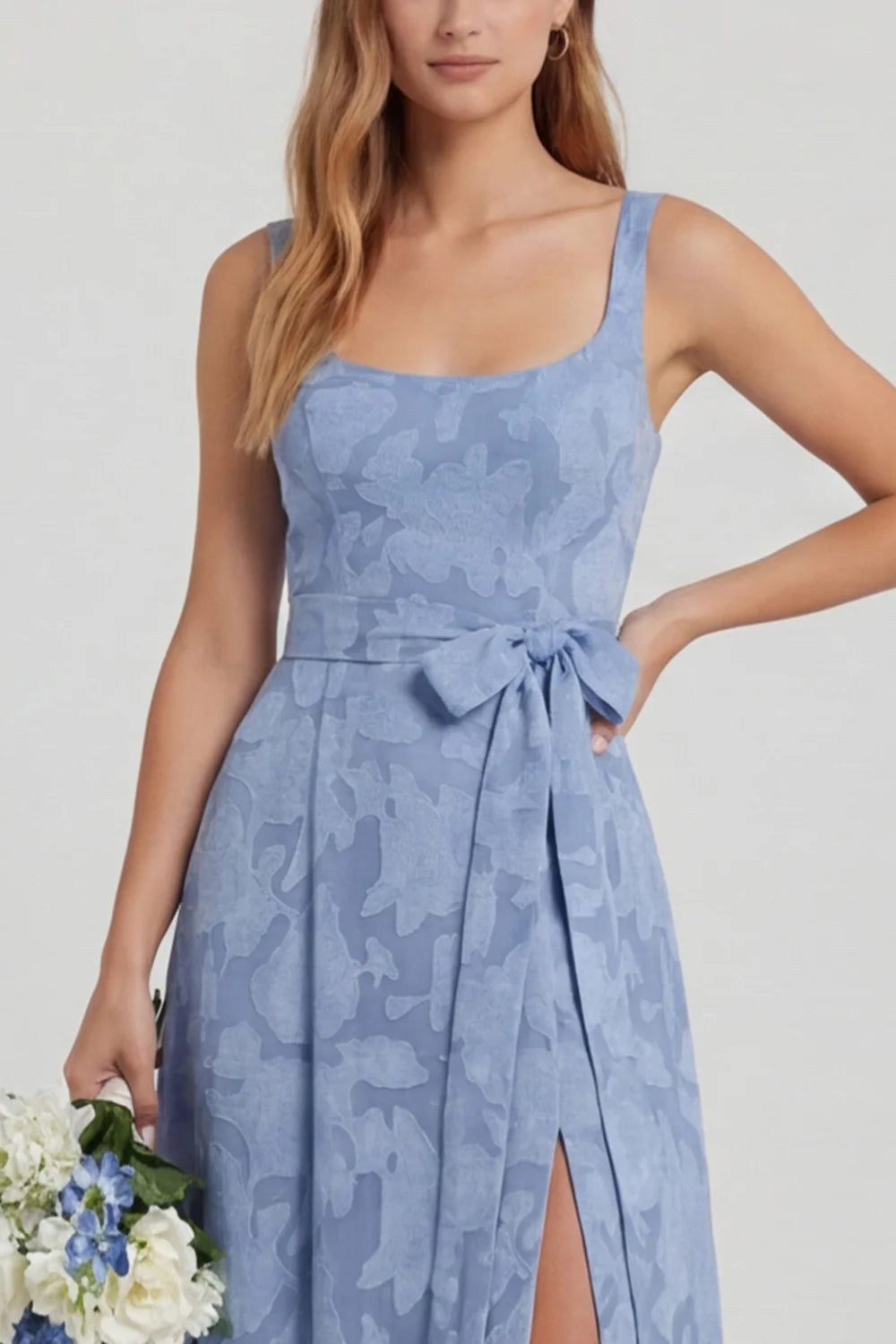 Dusty Blue Floral A Line Chiffon Long Bridesmaid Dress with Slit