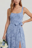 Dusty Blue Floral A Line Chiffon Long Bridesmaid Dress with Slit