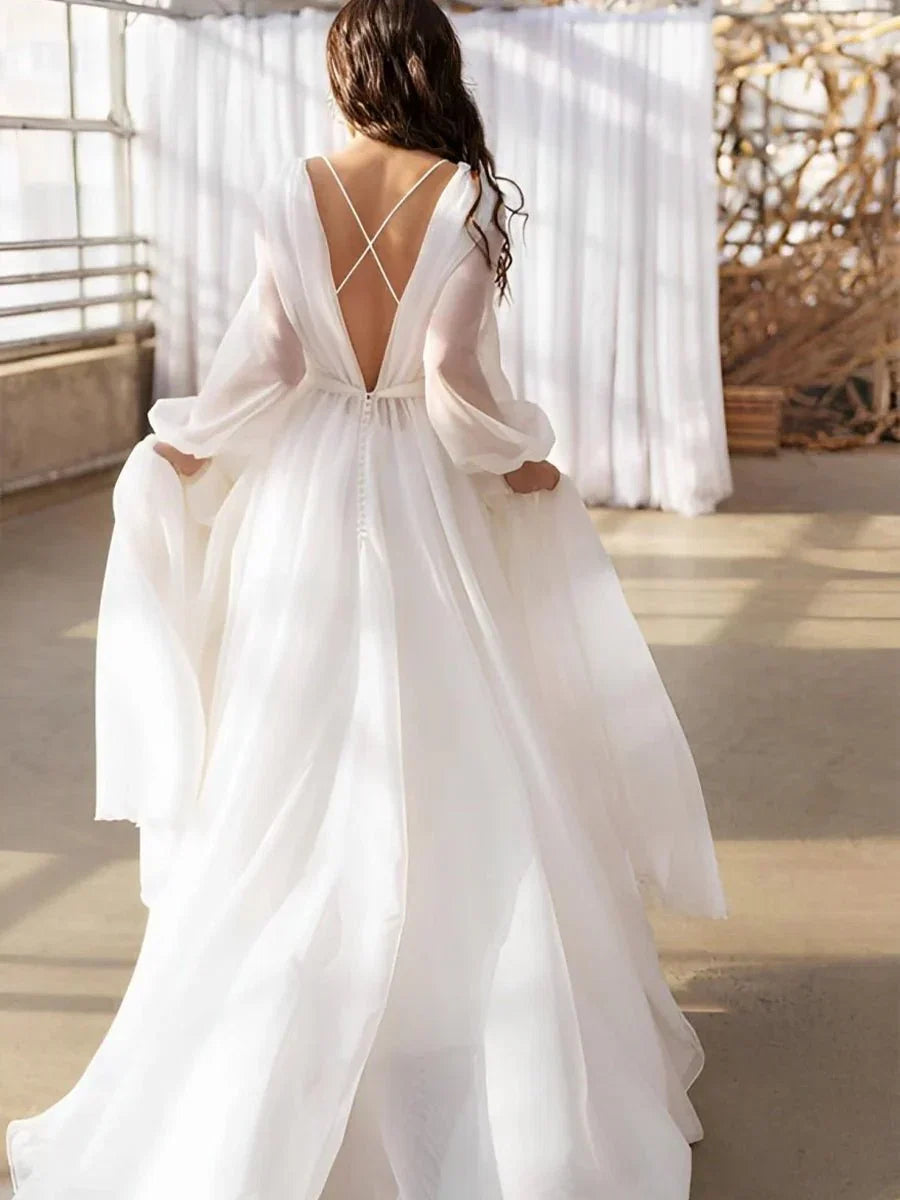 A Line Illusion Neck Long Sleeves Sweep Train Organza Wedding Dresses