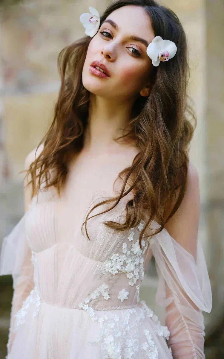 Illusion Off the Shoulder Tulle Sweep Train Flower Appliqued Wedding Dresses