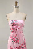 Bodycon Strapless Pink Floral Printed Short Homecoming Dress with Ruffles
