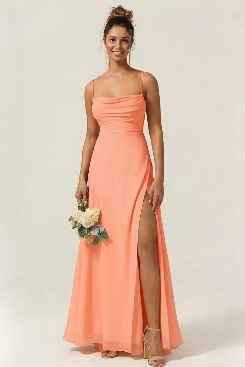Blue Flower A Line Spaghetti Straps Chiffon Long Bridesmaid Dress with Slit