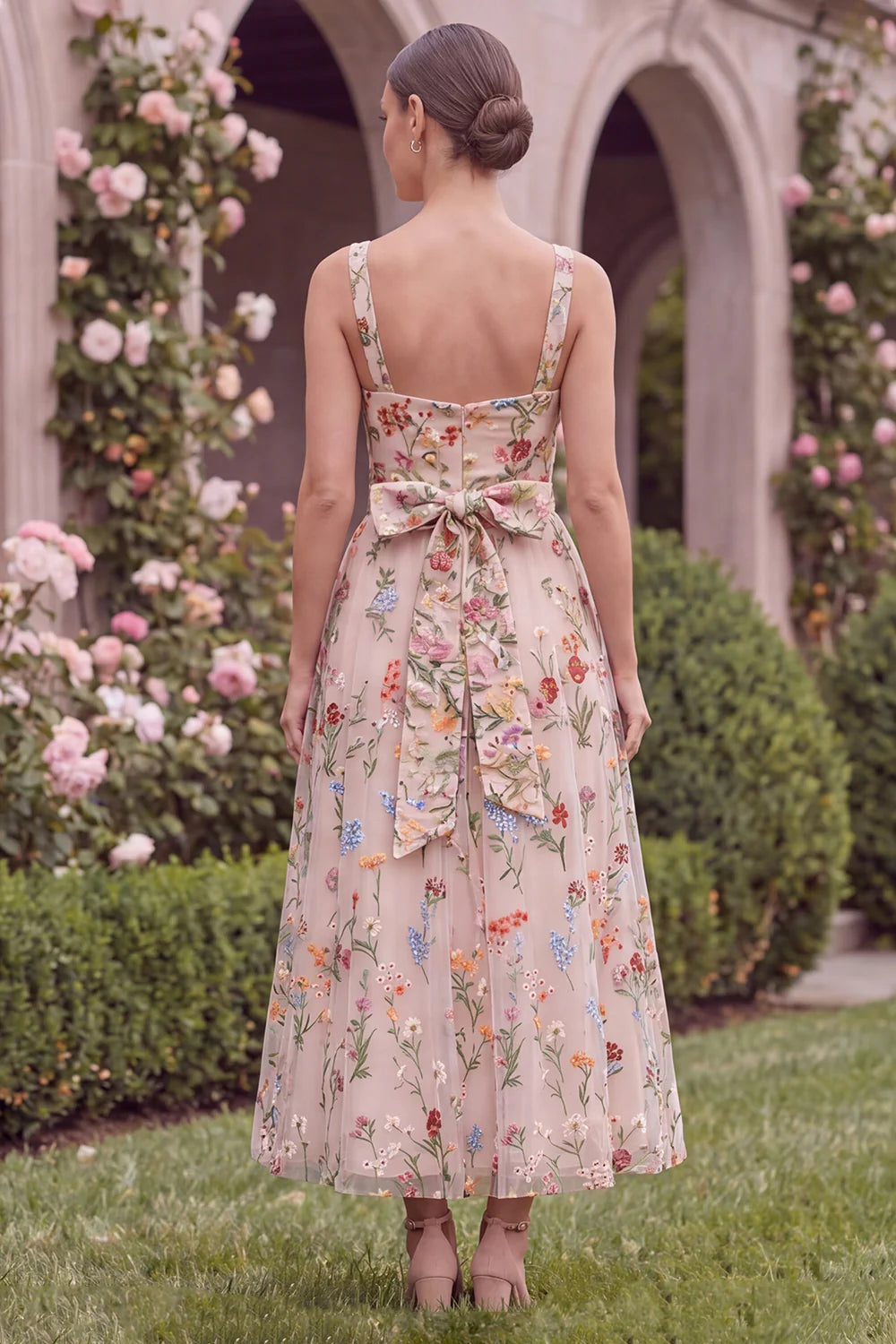 Pink Embroidered Floral A Line Midi Wedding Guest Dress with Bow