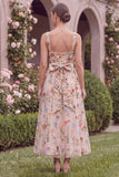 Pink Embroidered Floral A Line Midi Wedding Guest Dress with Bow