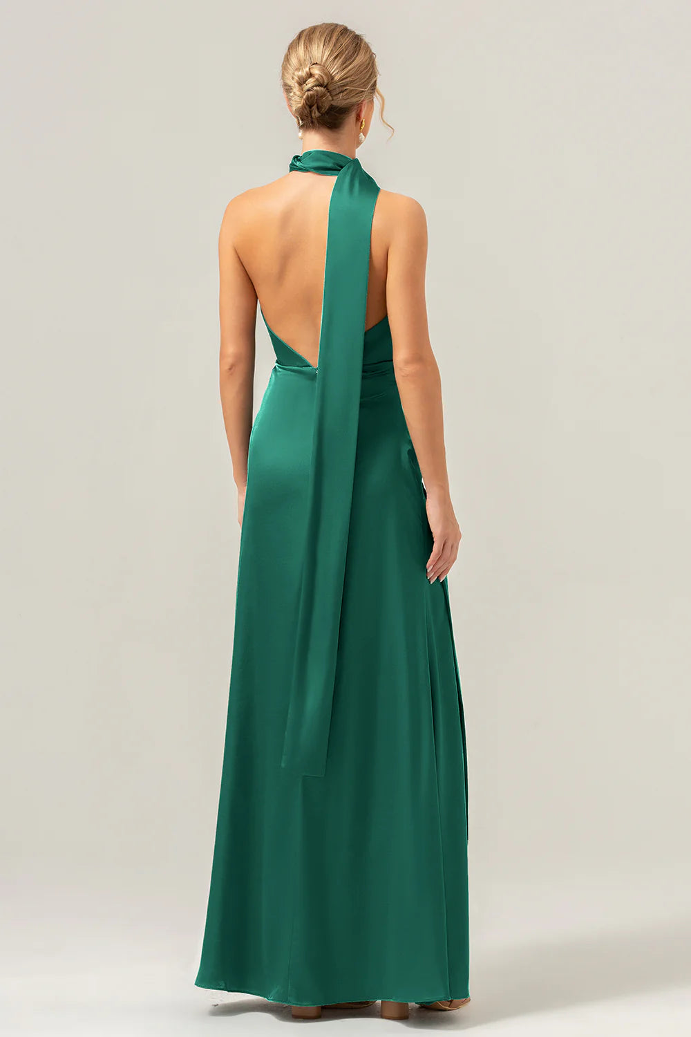 Peacock Sheath Deep V Neck Open Back Convertible Long Satin Bridesmaid Dress with Streamer