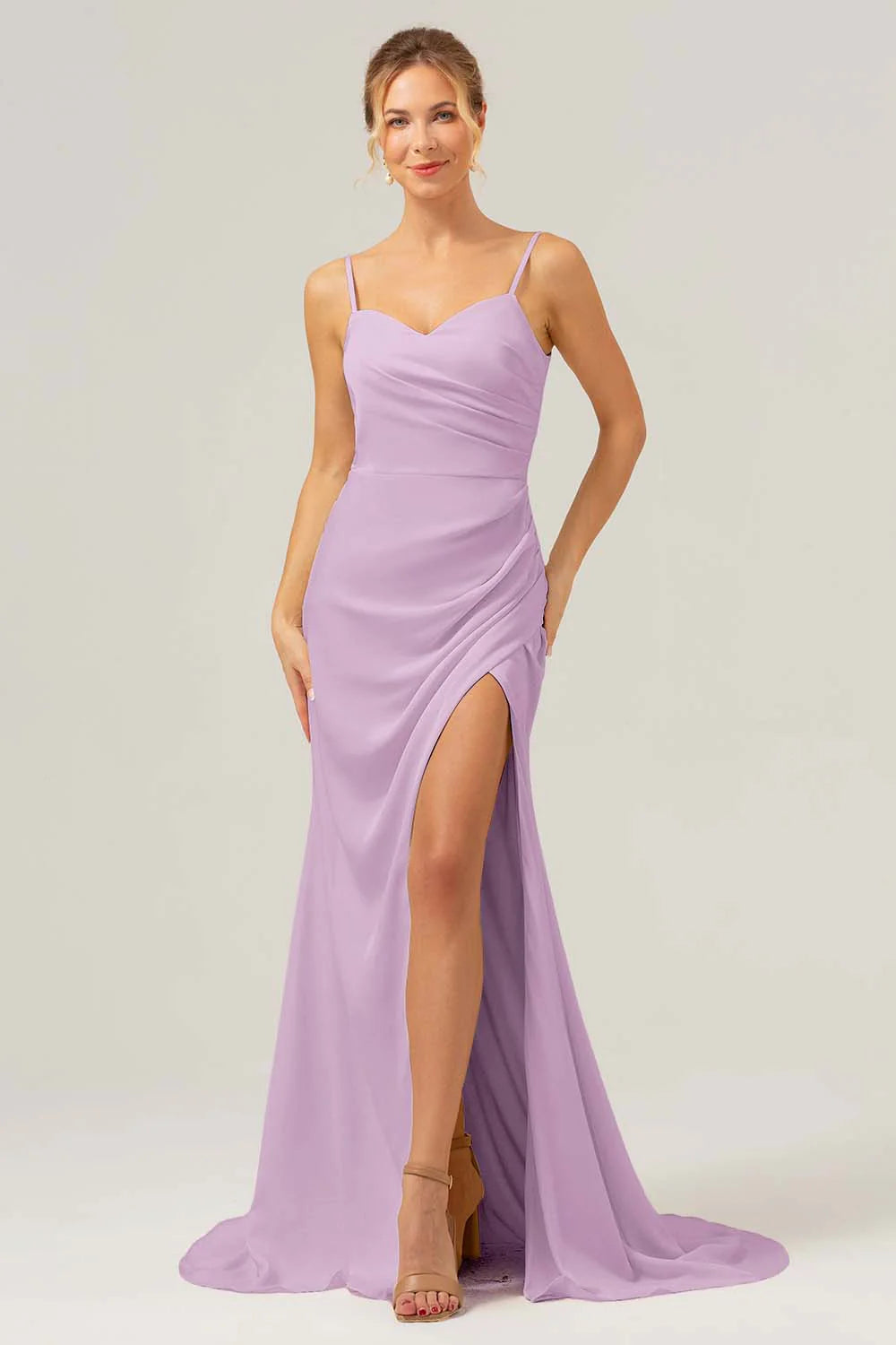 Black Sheath Spaghetti Straps Ruched Long Satin Bridesmaid Dress with Slit