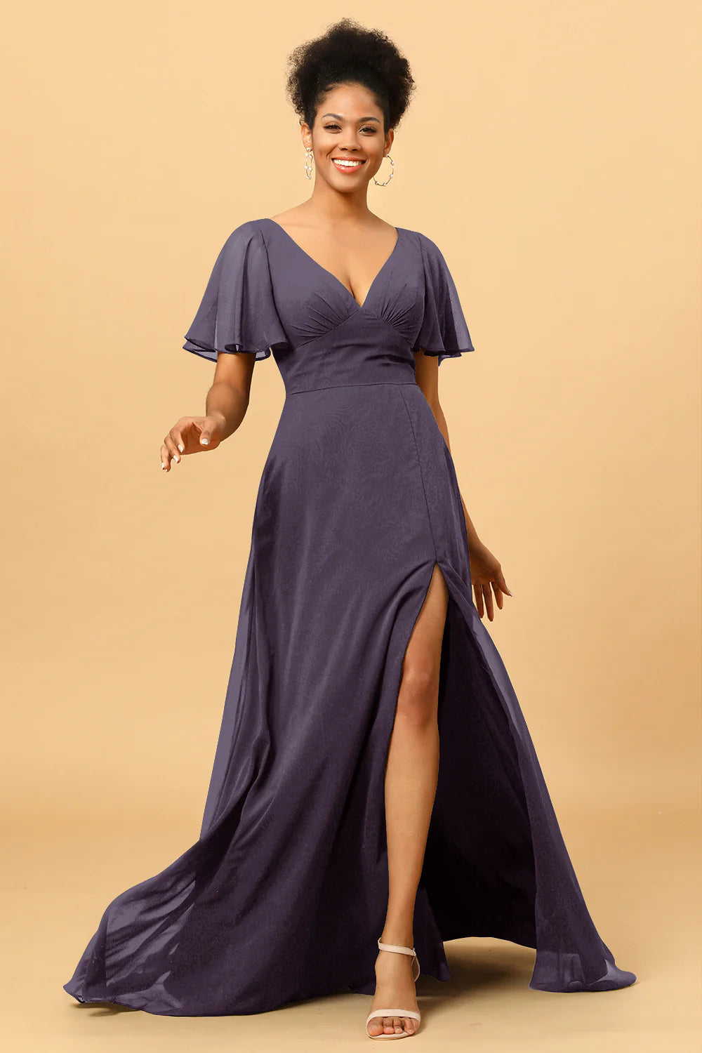 A Line V Neck Long Chiffon Bridesmaid Dress with Slit