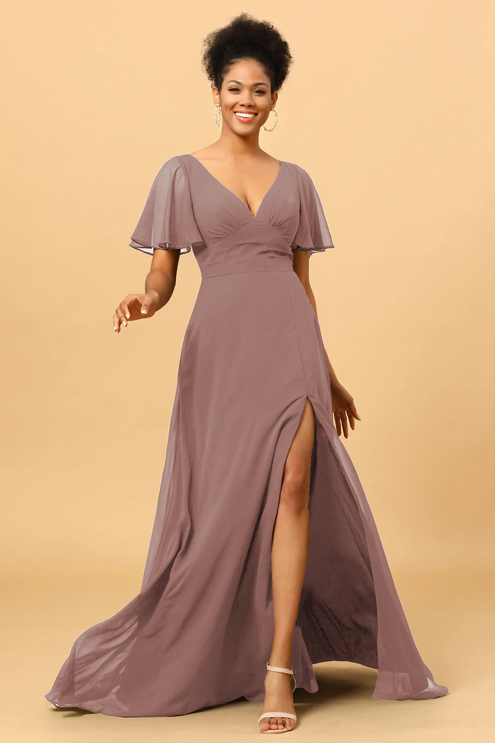 A Line V Neck Long Chiffon Bridesmaid Dress with Slit