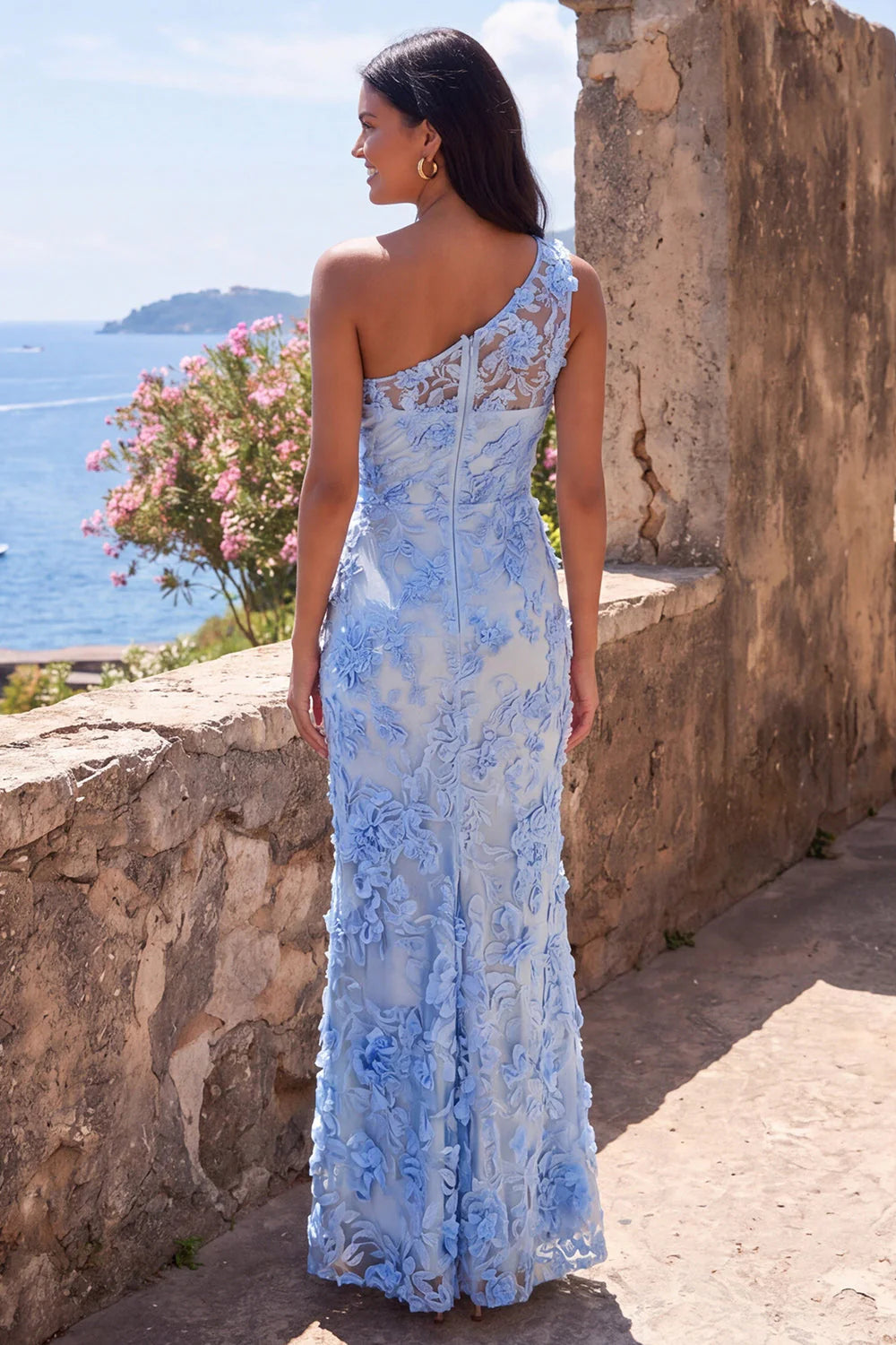 One Shoulder Blue Mermaid Floral Wedding Guest Dress