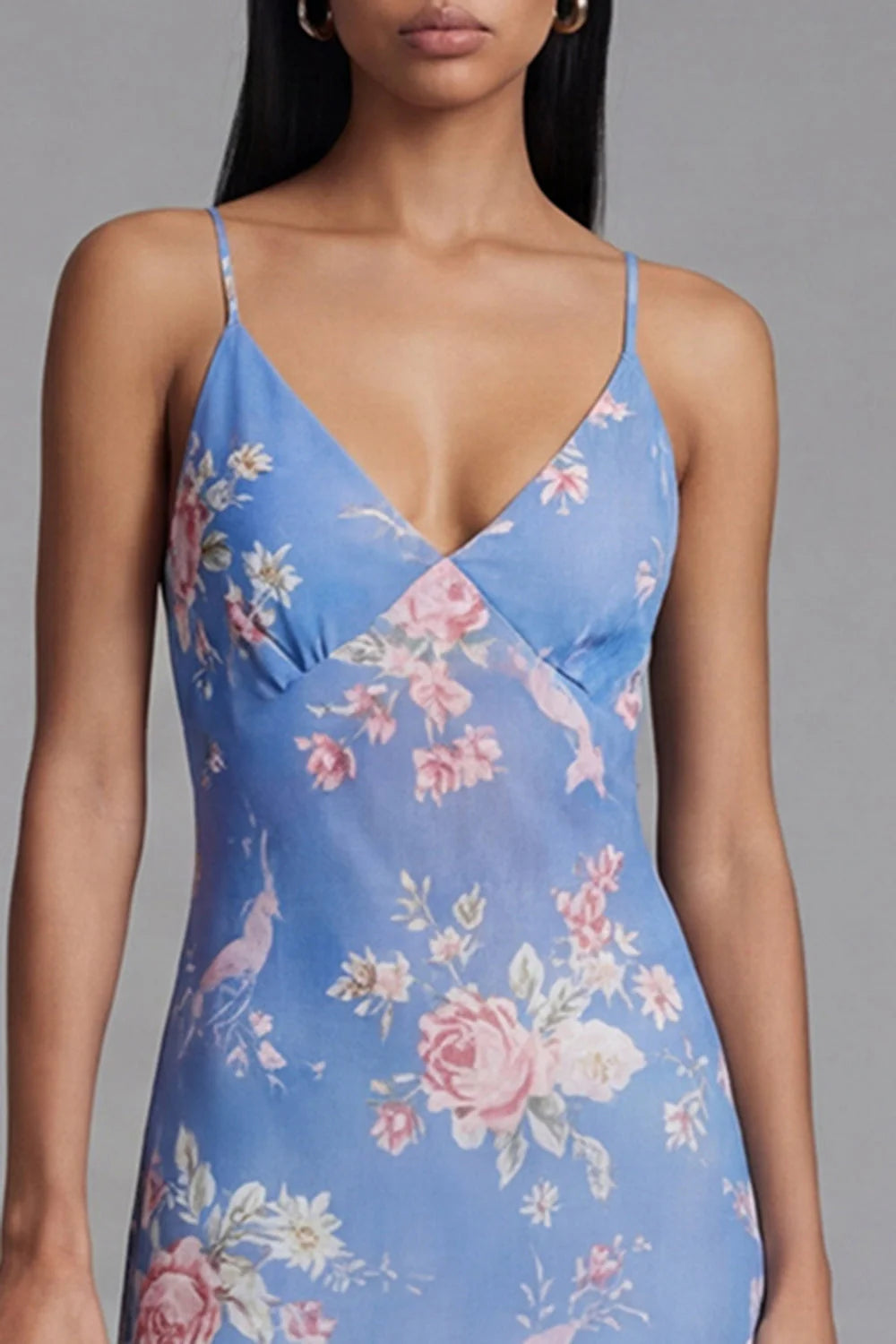 Blue Floral Spaghetti Straps A Line Midi Wedding Guest Dress