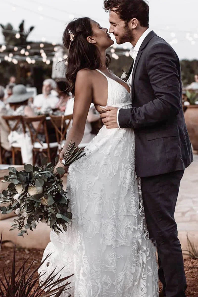 Luxury Lace Chic Halter A Line Bohemian Wedding Dress with Slit Bridal Gowns