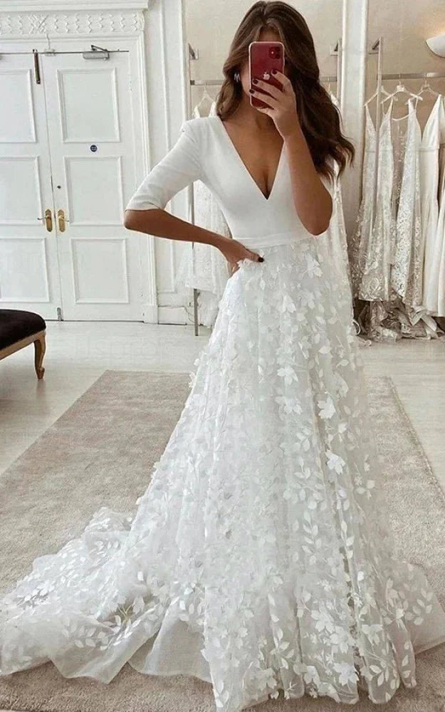 Sexy Floral A Line Boho Lace Sleeved Long Wedding Dress with Sweep Train