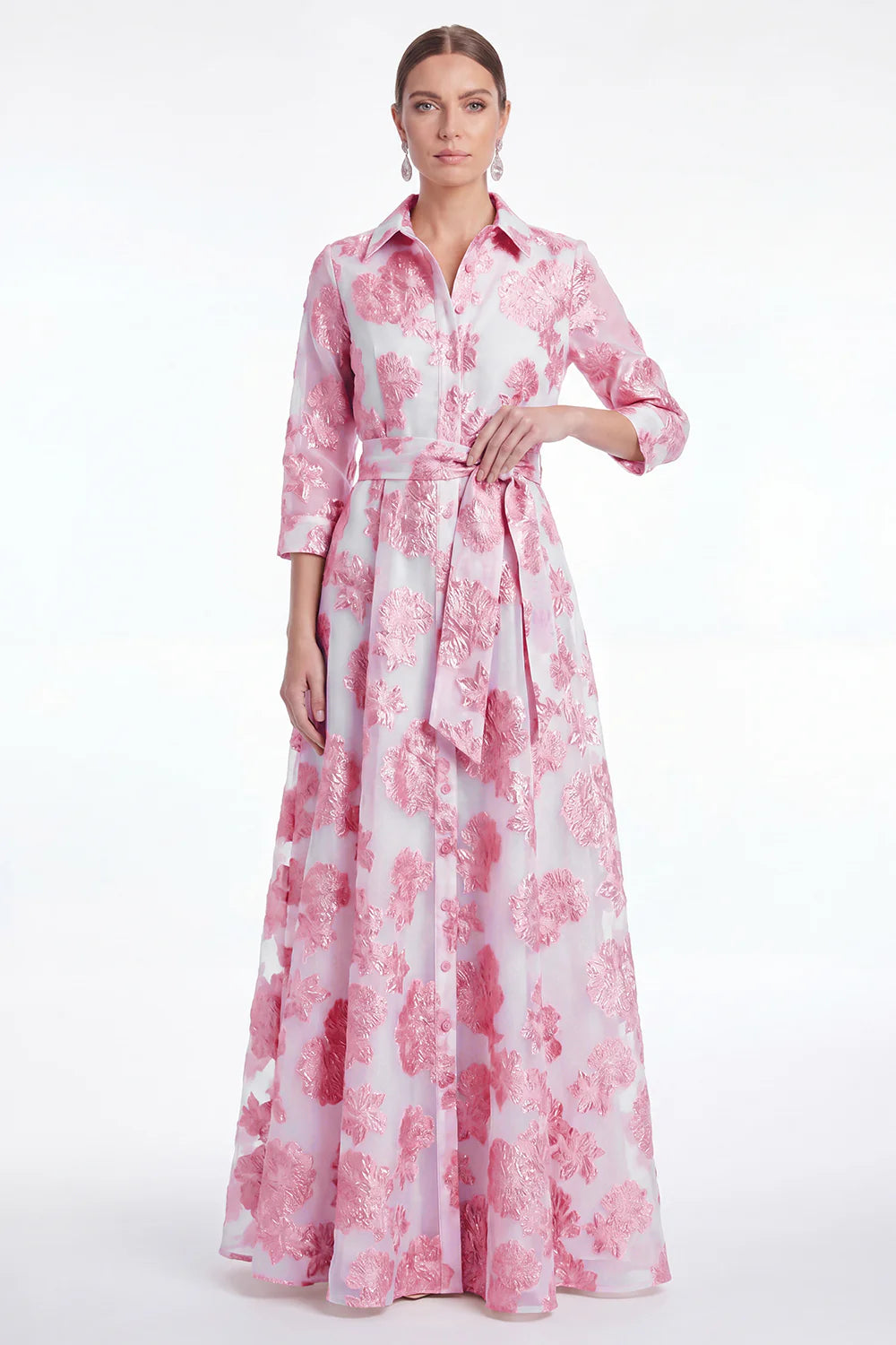 Gold Floral Jacquard A Line Collar Mother of the Bride Dress with 3 4 Sleeves