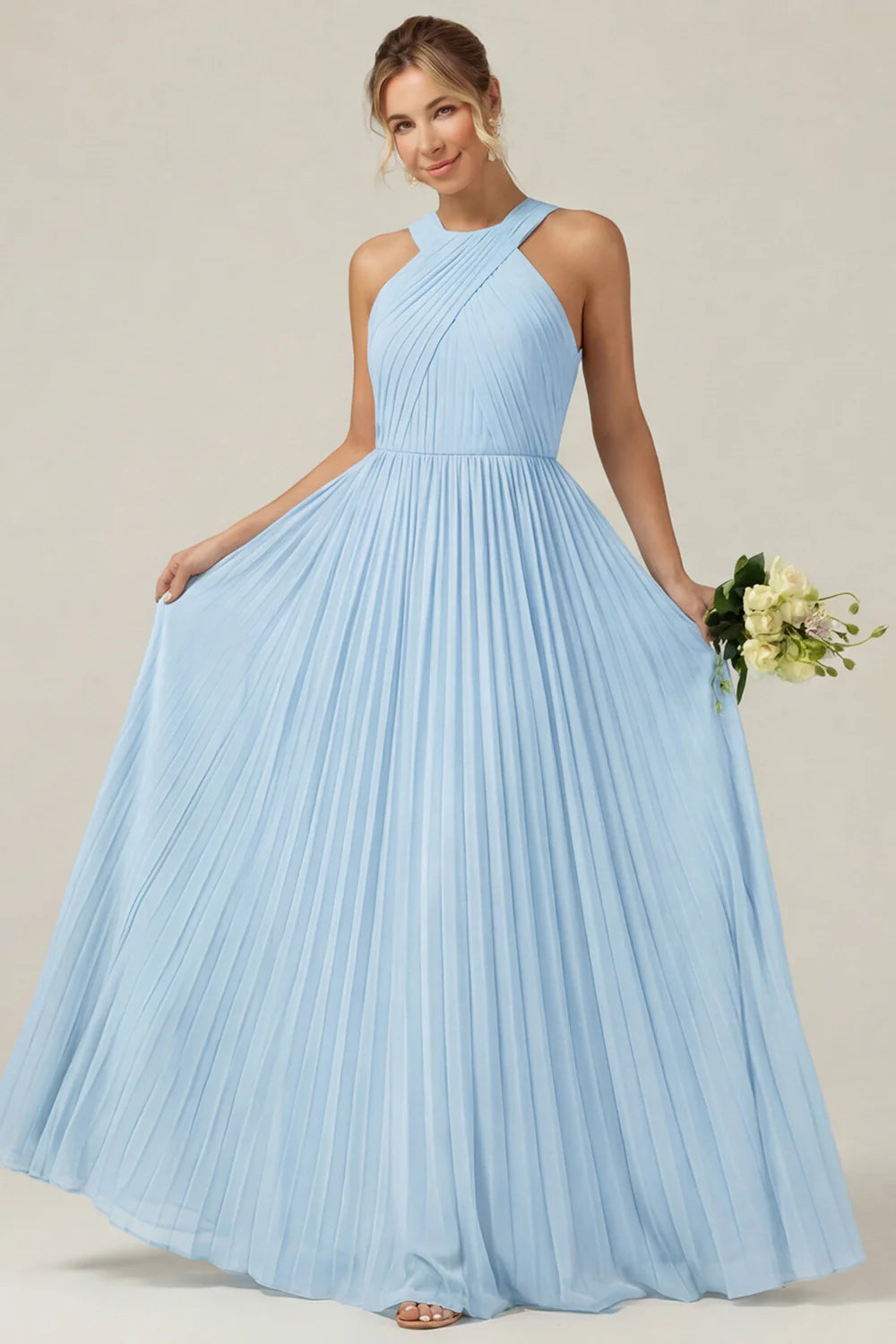 Dusty Sage A Line Halter Pleated Long Bridesmaid Dress
