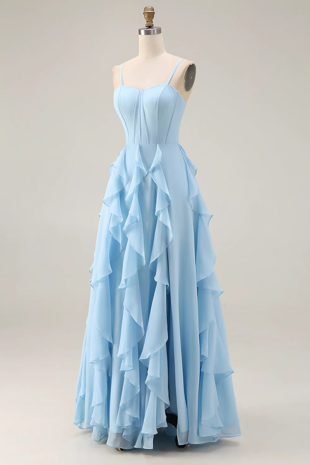 Sky Blue A Line Ruffled Corset Long Bridesmaid Dress with Slit