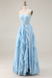 Sky Blue A Line Ruffled Corset Long Bridesmaid Dress with Slit