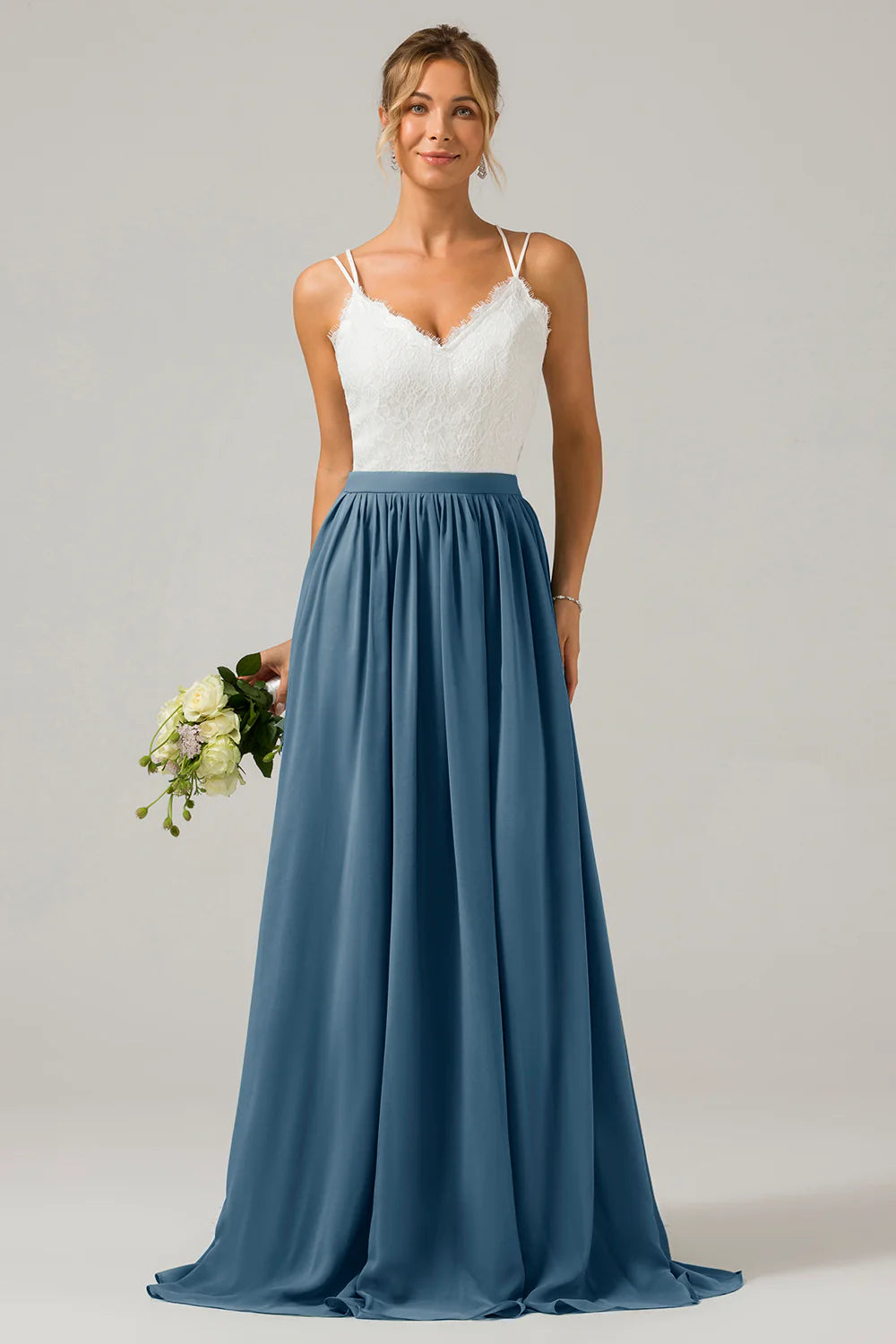 A Line Spaghetti Straps Pleated Long Bridesmaid Dress With Lace