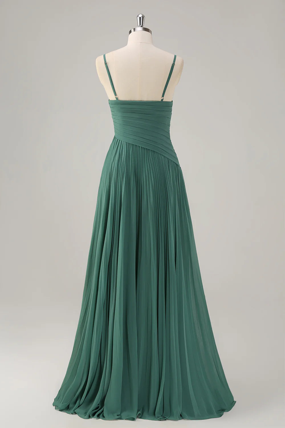 A Line Spaghetti Straps Pleated Chiffon Long Bridesmaid Dress with Slit