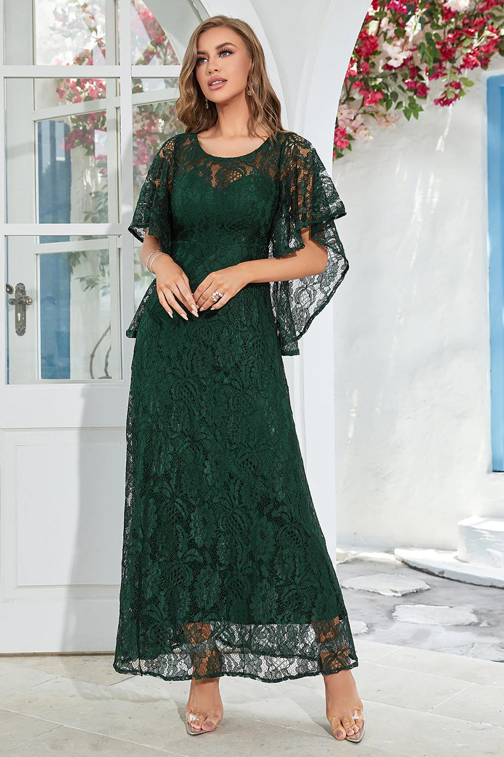Elegant A Line Round Neck Floor Length Lace Dusty Rose Evening Dress