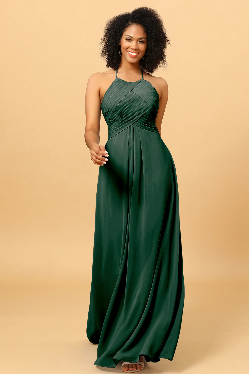 Sheath Halter Open Back Long Chiffon Bridesmaid Dress