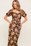 SWEET AT HEART MIDI DRESS BLACK FLORAL FITTED DRESS