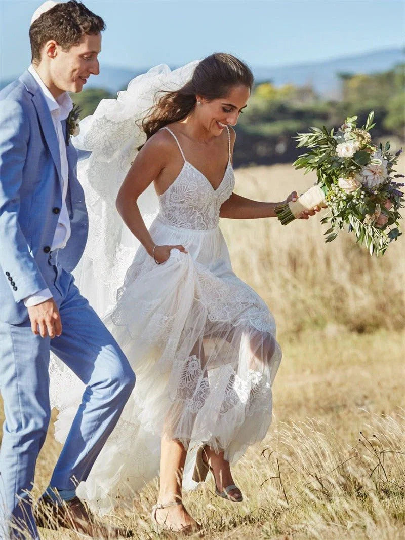 Simple A Line V Neck Sleeveless Spaghetti Straps Beach Wedding Dresses
