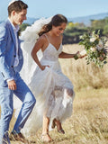 Simple A Line V Neck Sleeveless Spaghetti Straps Beach Wedding Dresses