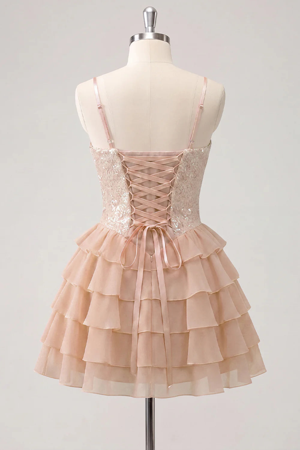 Champagne A Line Sequin Tiered Ruffle Short Homecoming Dress