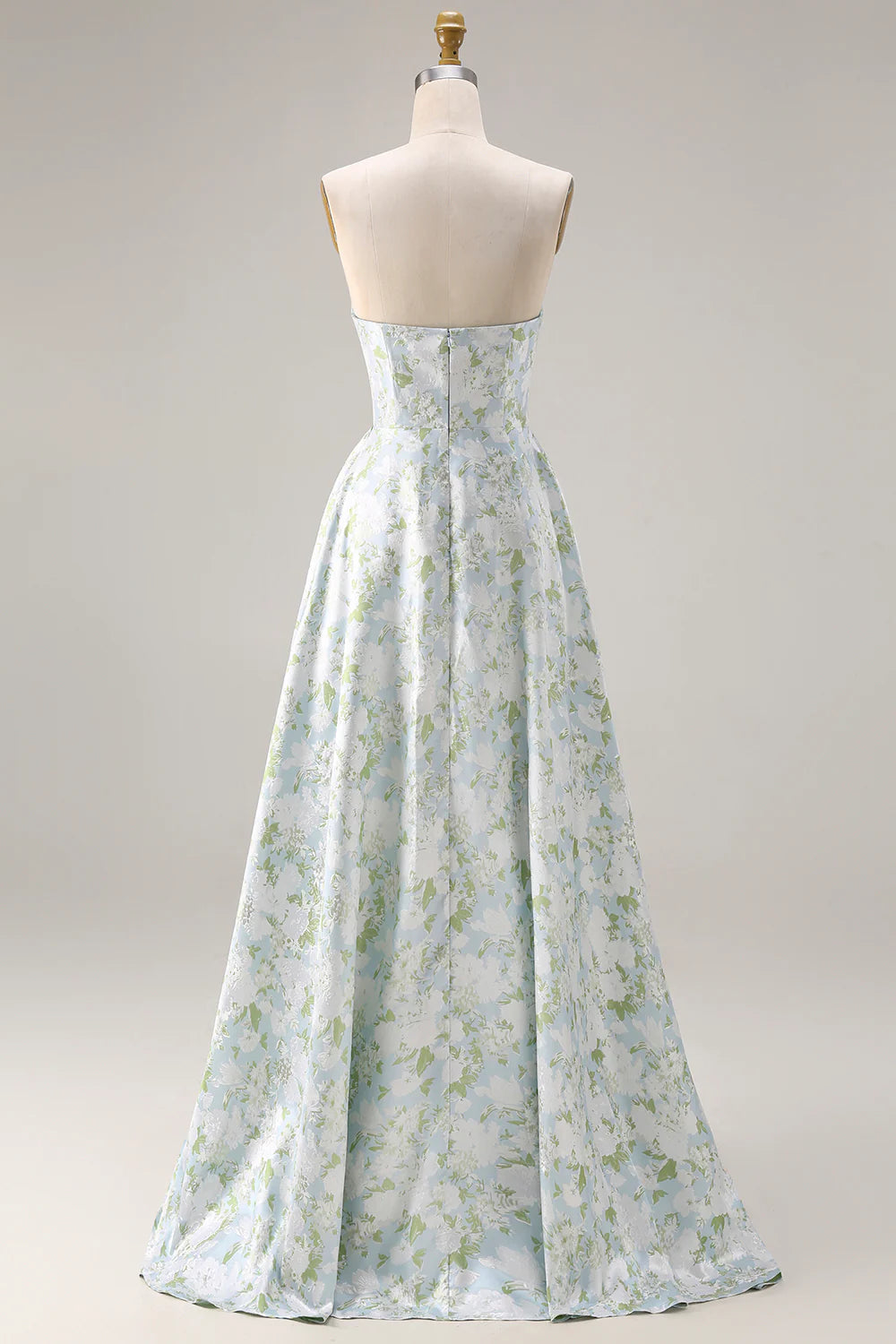 Blue Strapless Print A Line White Floral Long Satin Dress with Pockets