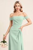 Mint Sheath Off The Shoulder Long Bridesmaid Dress with Slit