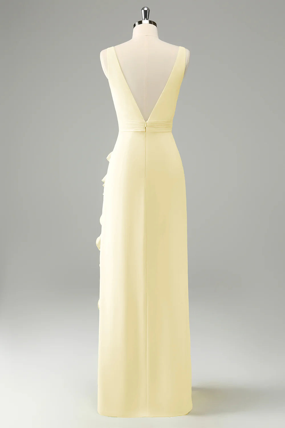 Lime A Line V Neck Floral Ruffle Open Back Bridesmaid Dress with Slit