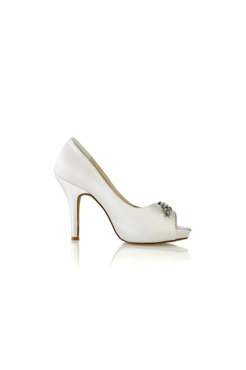 Champagne Satin Heels with Silver Metal Flower Ornament