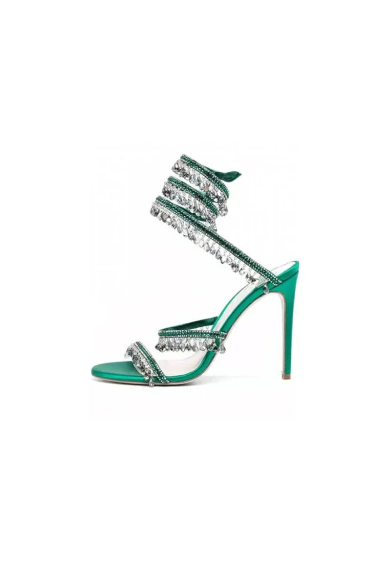 Open Toe Ankle Wrap Beaded Crystal Stiletto Heels
