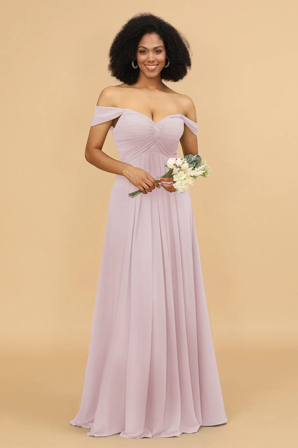 A Line Off the Shoulder Long Chiffon Bridesmaid Dress