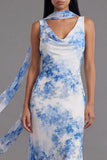 Blue Floral Cowl Neck Wedding Guest Dress with Sash