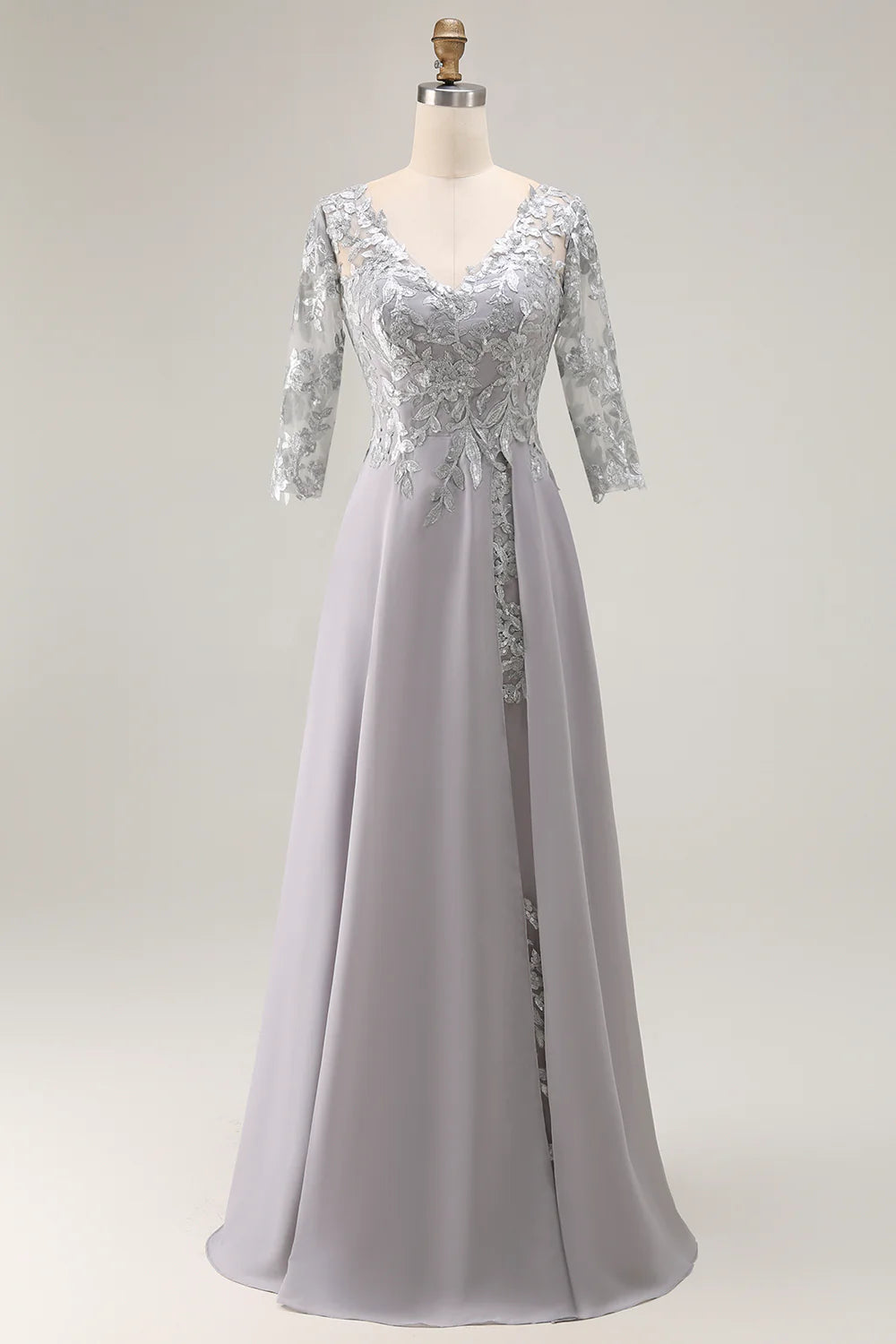 Silver Appliqued A Line V Neck Long Mother Of The Bride Dress with Lace Up Back